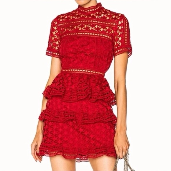 Self-Portrait Dresses & Skirts - Self-Portrait Red Guipure Star Lace Dress Size US 6 Tiered Mini Romantic